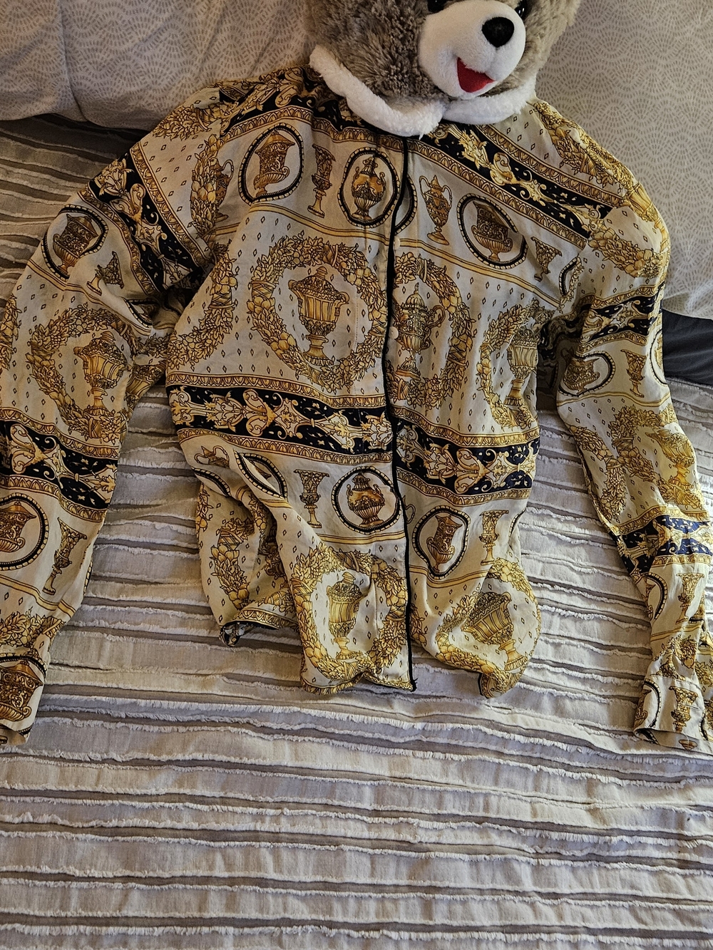 Vintage Baroque Scarf Print Blouse Harris Wallace Ornate Vase Print Button Front